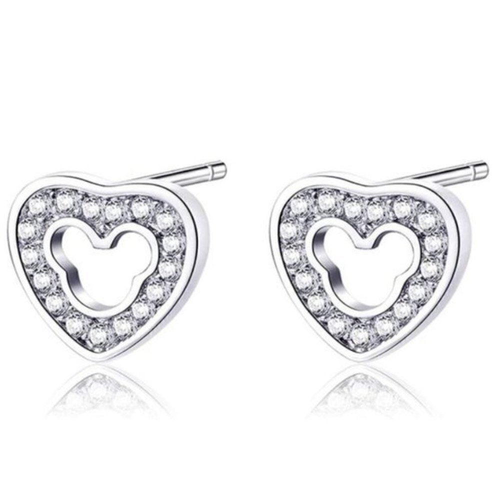 Platinum Silver and Diamond Cubic Zirconia Mickey Mouse Heart Post Stud Earrings